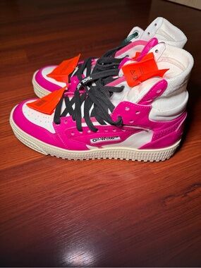 Off-White Pink and White High-Top Athletic Sneakers